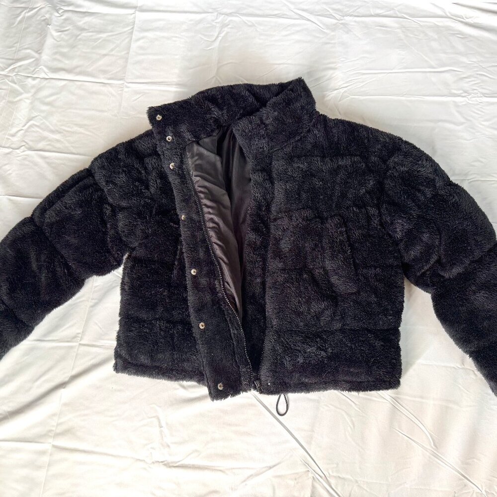 Black Faux Fur Cropped Teddy Puffer Jacket